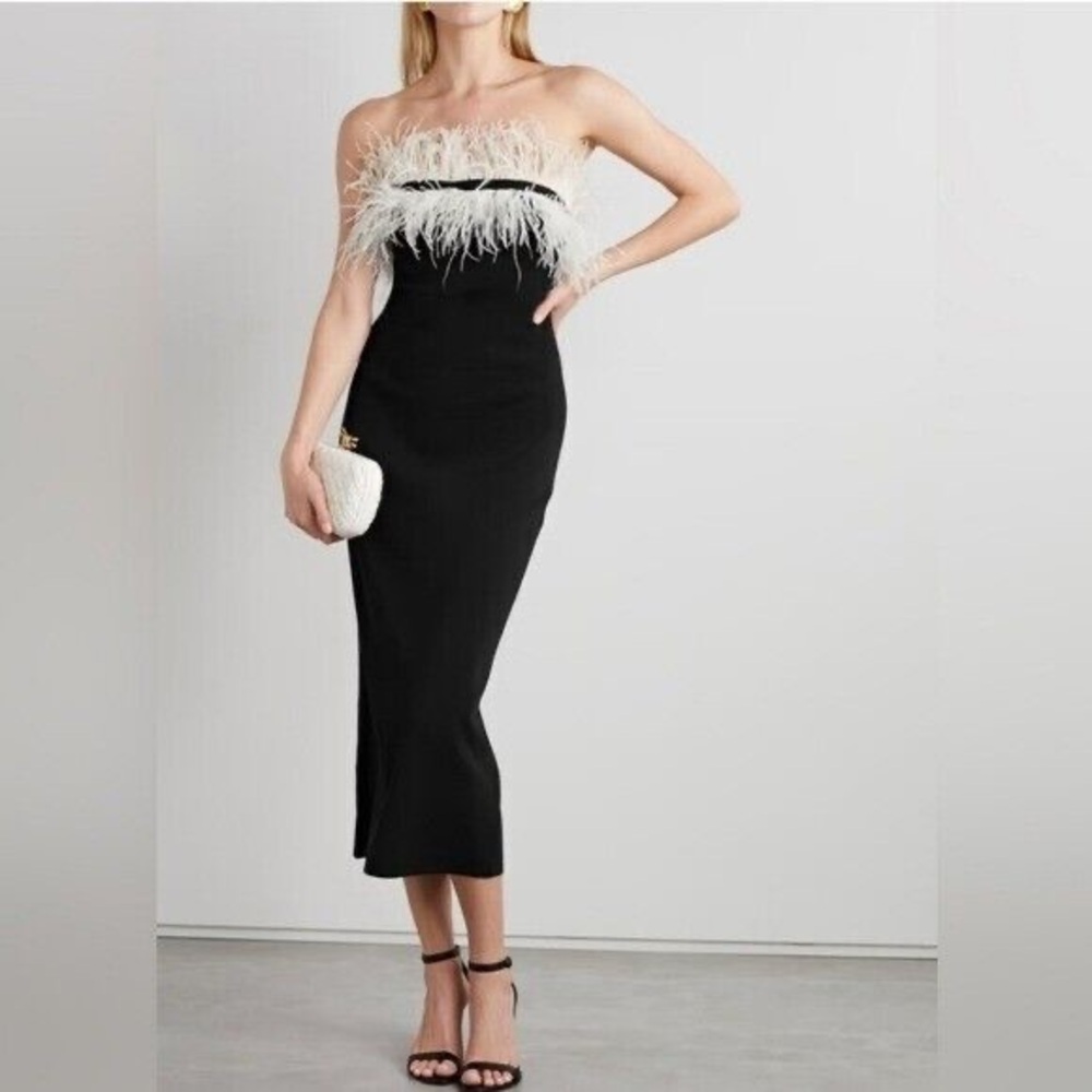 Stunning black/ivory Staud - Nellie feather-trimmed midi dress😍 - Picture 10 of 13